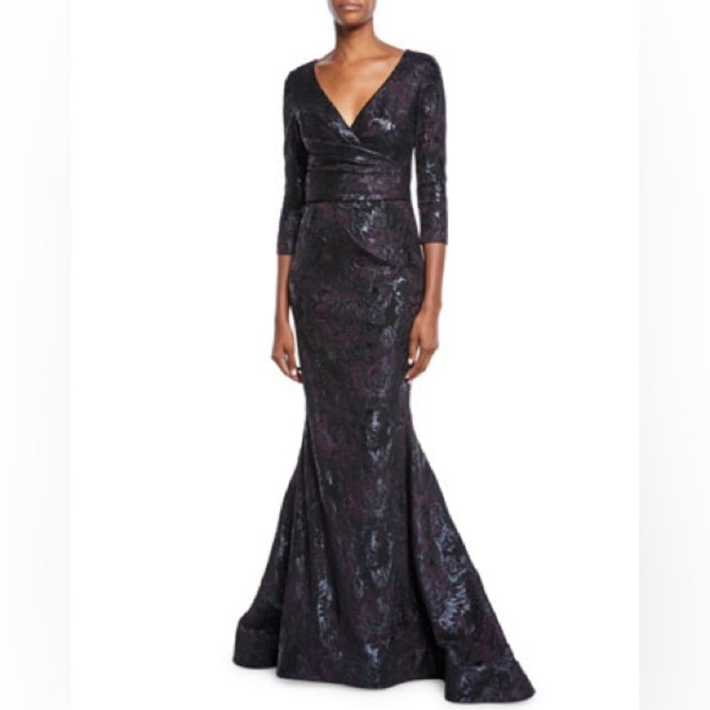 THEIA 3/4-Sleeve Super-Stretch Jacquard Mermaid Gown Dress Sz 8